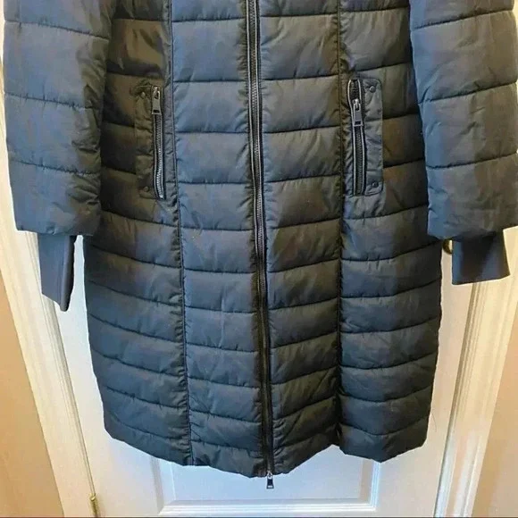 Bebe Long Quilted Winter Puffer Coat Faux Fur Trim Hood Black Size Large - Picture 6 of 16